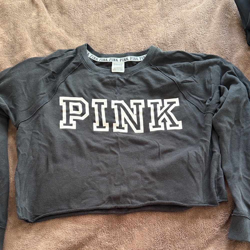 PINK Victoria's Secret Cropped Sweatshirt in Charcoal with White Logo
